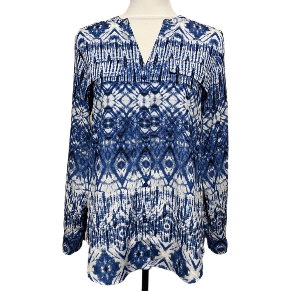 Calvin Klein Kaleidoscope Tie Dye Split Neck Button Down Blouse Small Blue White
